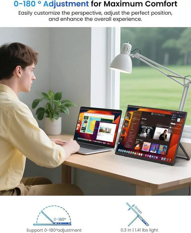 Alt view image 5 of 7 - Portable Monitor 15.6", 125% sRGB 1080P FHD Portable Screen Plug & Play, VESA & 180° Adjustable Stand 350Nits, USB-C HDMI Ultra-Slim Travel Monitor for Laptop, Phone, PC, Game Console