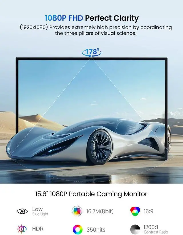 Alt view image 2 of 7 - Portable Monitor 15.6", 125% sRGB 1080P FHD Portable Screen Plug & Play, VESA & 180° Adjustable Stand 350Nits, USB-C HDMI Ultra-Slim Travel Monitor for Laptop, Phone, PC, Game Console