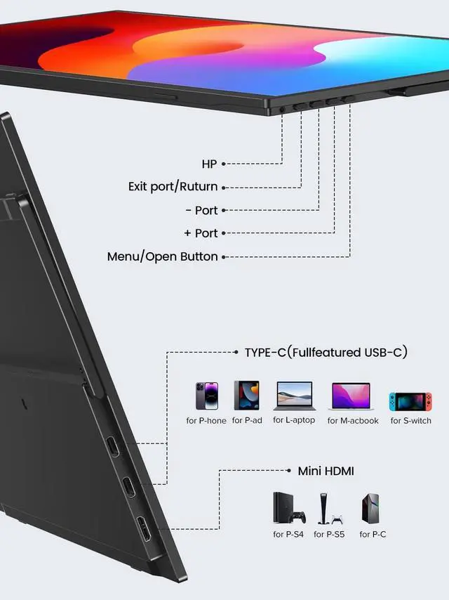 Alt view image 7 of 7 - Portable Monitor 15.6", 125% sRGB 1080P FHD Portable Screen Plug & Play, VESA & 180° Adjustable Stand 350Nits, USB-C HDMI Ultra-Slim Travel Monitor for Laptop, Phone, PC, Game Console