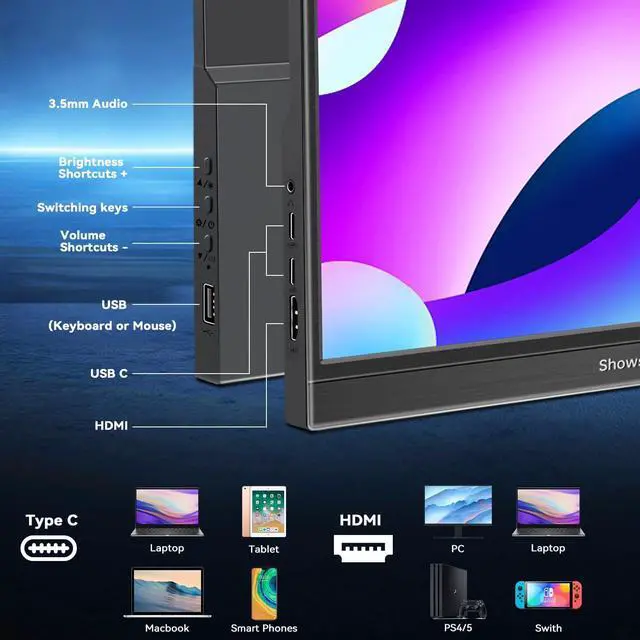 Alt view image 4 of 7 - Portable Monitor 14 Inch Touchscreen Monitor, HDR IPS FHD 1920x1080 300cd/m² 10 Point Touch Display, USB C+HDMI+USB, Portable Screen for Laptop/PC/Mac/Xbox/PS4/5 Switch,Dual Speakers,VESA