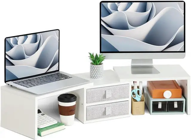 Main image of TEAMIX Dual Monitor Stand Riser with 2 Drawers - Length and Angle Adjustable White Monitor Stand with Storage Large Computer Riser for 2 Monitors/Laptop/PC, Wood Screen/TV Stand Desk Organizer