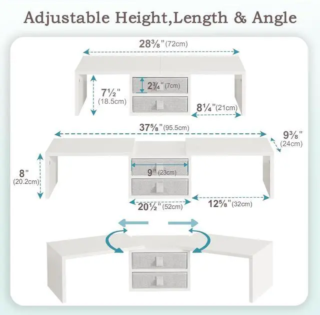 Alt view image 4 of 7 - TEAMIX Dual Monitor Stand Riser with 2 Drawers - Length and Angle Adjustable White Monitor Stand with Storage Large Computer Riser for 2 Monitors/Laptop/PC, Wood Screen/TV Stand Desk Organizer