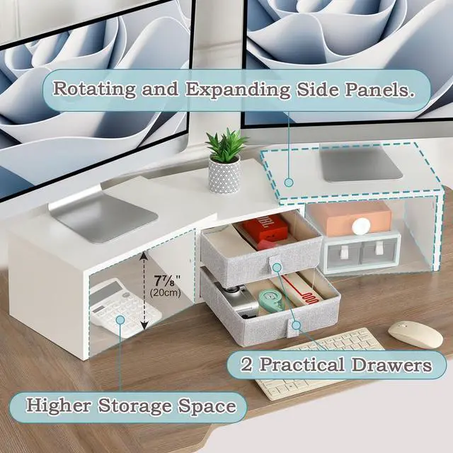 Alt view image 5 of 7 - TEAMIX Dual Monitor Stand Riser with 2 Drawers - Length and Angle Adjustable White Monitor Stand with Storage Large Computer Riser for 2 Monitors/Laptop/PC, Wood Screen/TV Stand Desk Organizer