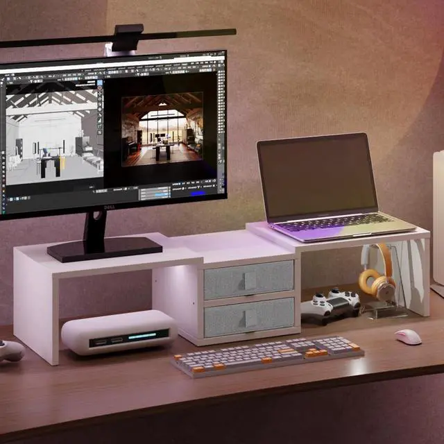 Alt view image 7 of 7 - TEAMIX Dual Monitor Stand Riser with 2 Drawers - Length and Angle Adjustable White Monitor Stand with Storage Large Computer Riser for 2 Monitors/Laptop/PC, Wood Screen/TV Stand Desk Organizer