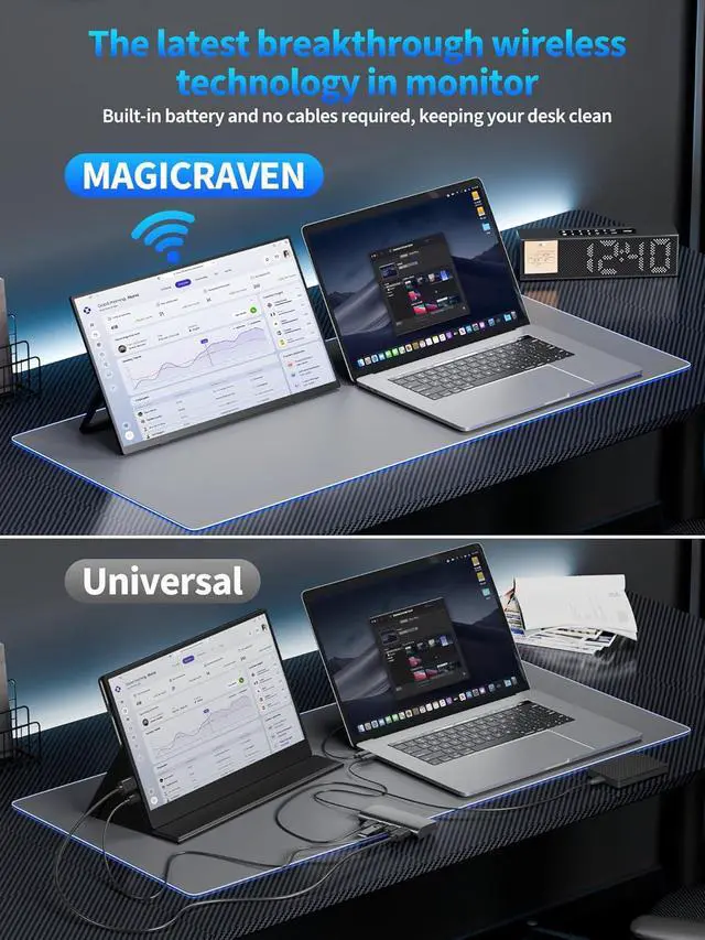 Alt view image 2 of 7 - 8000 mAh Wireless Portable Monitor, 15.6" 1080P IPS Laptop Screen, Second Computer Gaming Display with Speakers, Travel Monitor for Windows/Mac/Android/iOS/Gaming Console