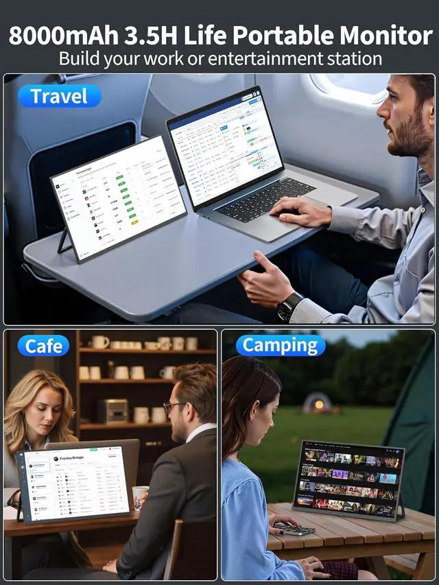 Alt view image 7 of 7 - 8000 mAh Wireless Portable Monitor, 15.6" 1080P IPS Laptop Screen, Second Computer Gaming Display with Speakers, Travel Monitor for Windows/Mac/Android/iOS/Gaming Console