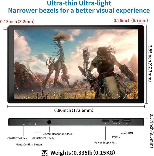 Alt view image 2 of 7 - 7 inch Portable Touchscreen, Mini 1080P 60Hz USB C HDMI Monitor, Ultra Thin Lightweight IPS LCD Display Second Screen for Gaming, Working, PS5, Xbox, Switch, Laptop, PC