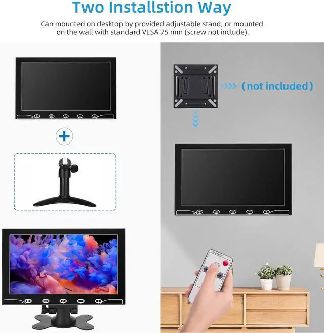 Alt view image 5 of 7 - 10.1 Inch Small Monitor, Raspberry Pi Screen Built-in Speakers, Mini Display 1024 x 600, 60 Hz, 5ms, IPS Screen Display w/Remote Control, HDMI VGA AV BNC Input, Computer Monitor