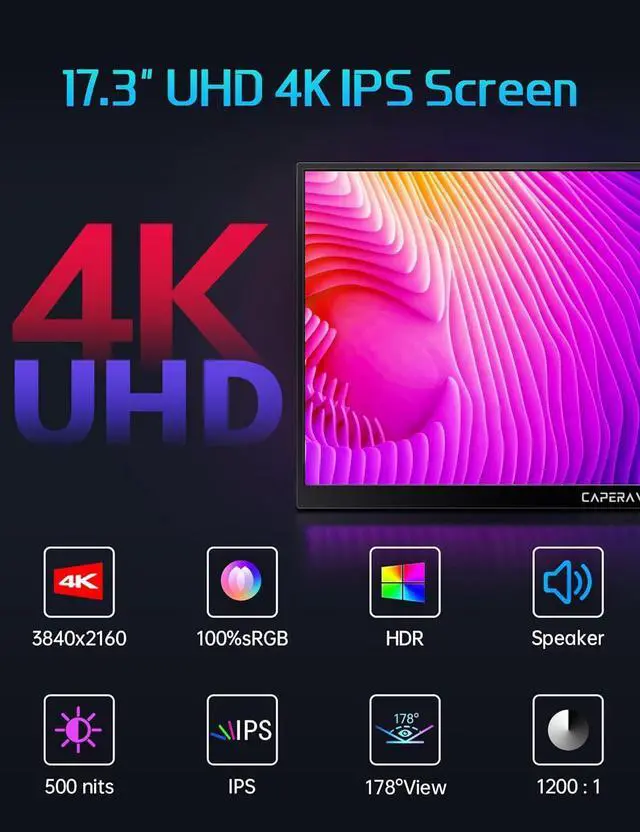 Alt view image 2 of 7 - 17.3" Portable Monitor 4K, 500 Nits 3840 * 2160p 100% Adobe RGB Travel Monitor with Bulit-in Kickstand & Speakers, Portable Computer Monitor, External Monitors for Laptop PC Xbox Switch PS4/5