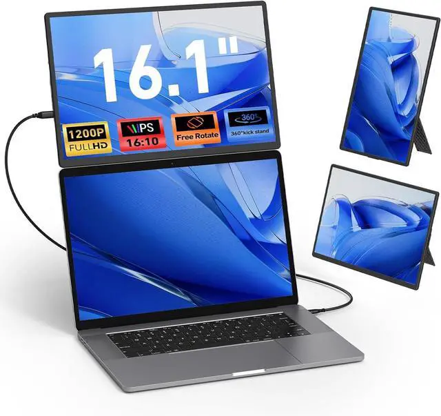 Main image of Laptop Screen Extender Monitor Portable -16.1'' FHD 1200P Portable Screen for Laptops, 360° Rotating, Plug & Play, Detachable Stand, Height Adjustable Laptop Monitor Extender for Mac/Win/Phone/Tablet