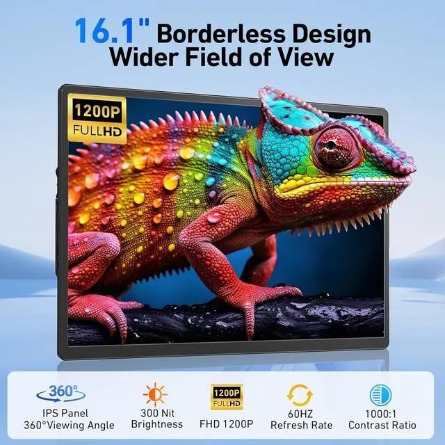 Alt view image 2 of 7 - Laptop Screen Extender Monitor Portable -16.1'' FHD 1200P Portable Screen for Laptops, 360° Rotating, Plug & Play, Detachable Stand, Height Adjustable Laptop Monitor Extender for Mac/Win/Phone/Tablet