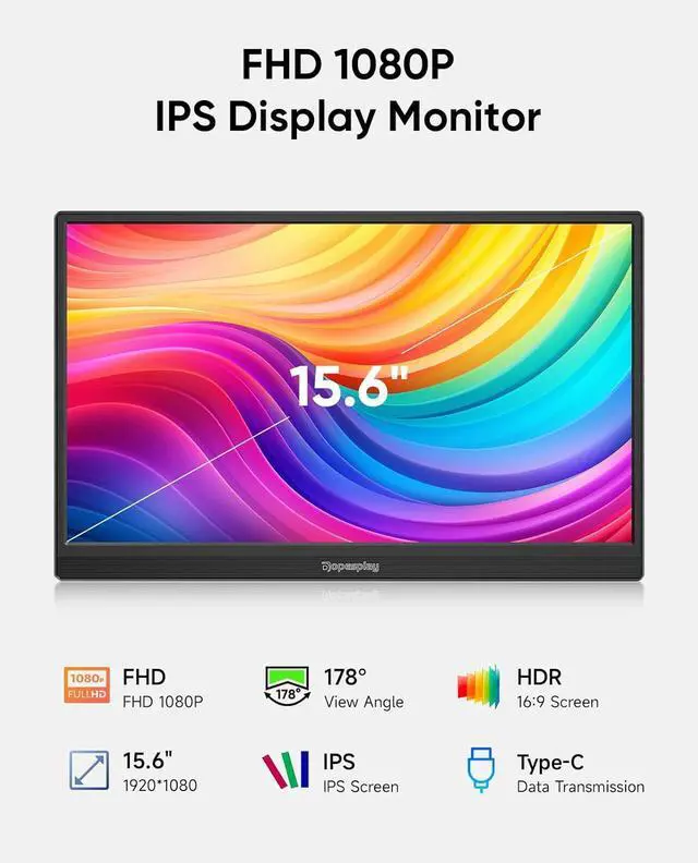 Alt view image 2 of 7 - Portable Monitor, 15.6" FHD 1080P Travel Portable Monitor for Laptop, Ultra-Slim External Screen with Kickstand, Screen Extender for Laptop PC Mac Phone PS4/5 Xbox Switch
