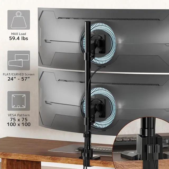 Alt view image 4 of 7 - Dual Monitor-Arm Ultrawide Heavy Duty - 24-57 inch Vertical Dual Monitor Mount, Adjustable Stacked Double Monitor Desk Mount Stand, Max Load 59.4 lbs (per Screen), VESA 75 100 mm, Black
