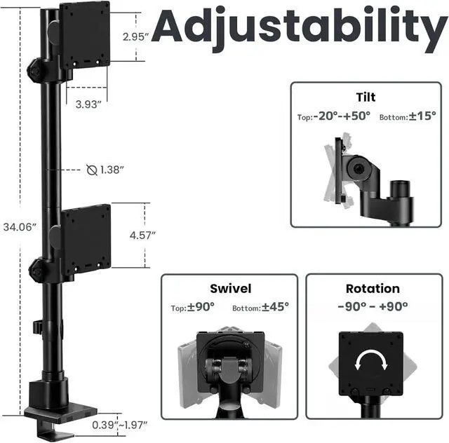 Alt view image 6 of 7 - Dual Monitor-Arm Ultrawide Heavy Duty - 24-57 inch Vertical Dual Monitor Mount, Adjustable Stacked Double Monitor Desk Mount Stand, Max Load 59.4 lbs (per Screen), VESA 75 100 mm, Black
