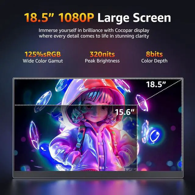 Alt view image 4 of 7 - 18.5 inch Portable Monitor- 1080P IPS 100Hz 120% sRGB Gaming Monitor USB-C HDMI Large Portable Screen for Laptop MacBook Surface PC PS4/5 Travel Monitor with Kickstand VESA Speakers