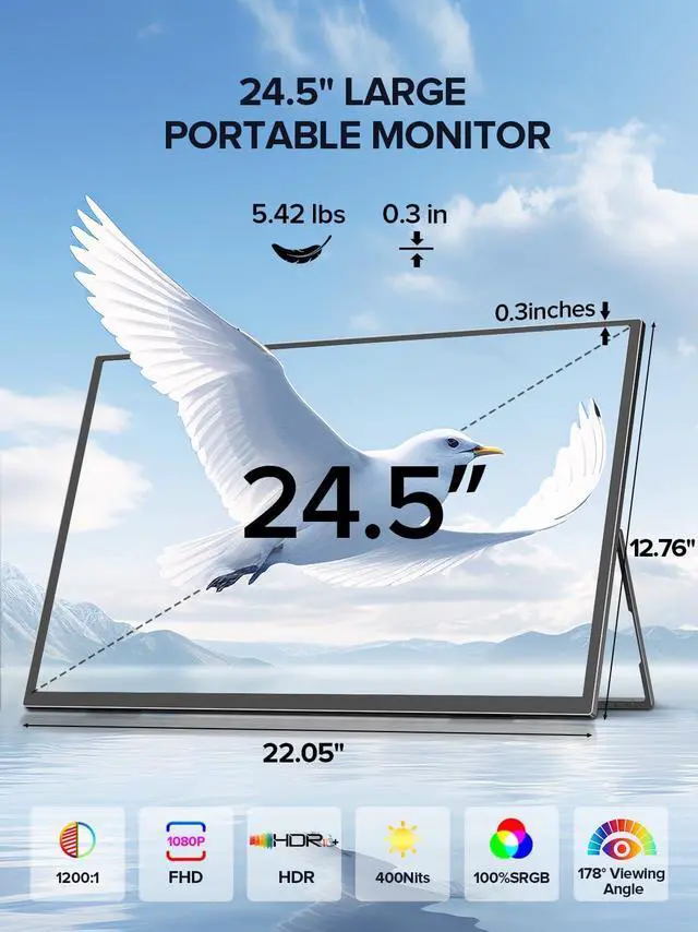 Alt view image 7 of 7 - 24.5" Portable Monitor 240Hz Gaming Monitor 1200:1 Contrast FreeSync 1ms Fast IPS Large Screen, Built-in 180° Adjustable Stand/VESA, USB-C HDMI Second Screen for Laptop, Phone, Game Console