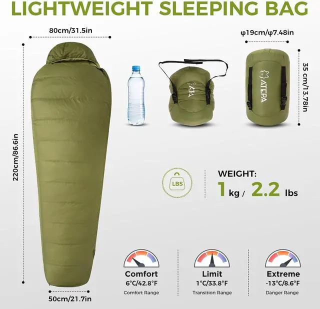 Alt view image 3 of 6 - Down Sleeping Bag, 700FP Mummy Cold Weather Ultralight 3 Season Compact Packable Waterproof Sleeping Bag with Stuff Sack for Backpacking Camping Hiking Traveling