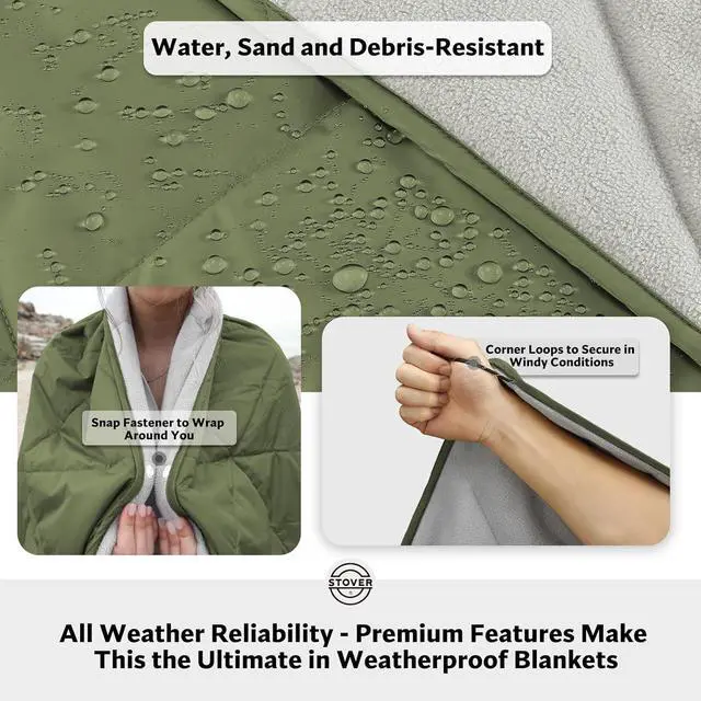 Alt view image 2 of 7 - Outdoor Waterproof Fleece Travel Blanket for Camping, Picnics, Stadiums, Sports, The Beach Warm, Windproof, Compact, Lightweight & Sand-Resistant (Olive Green)