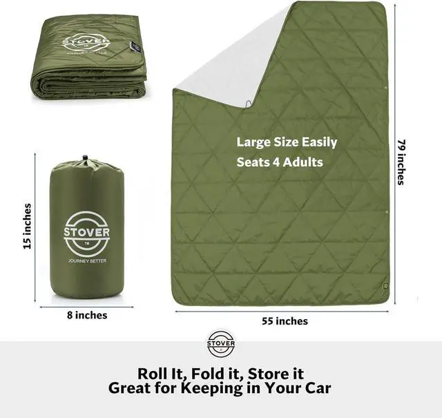 Alt view image 3 of 7 - Outdoor Waterproof Fleece Travel Blanket for Camping, Picnics, Stadiums, Sports, The Beach Warm, Windproof, Compact, Lightweight & Sand-Resistant (Olive Green)