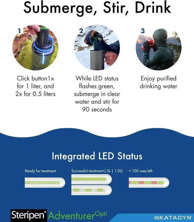 Alt view image 5 of 6 - SteriPen Adventurer Opti UV Personal Water Purifier for Camping, Backpacking, Emergency Preparedness and Travel Black/Green Small