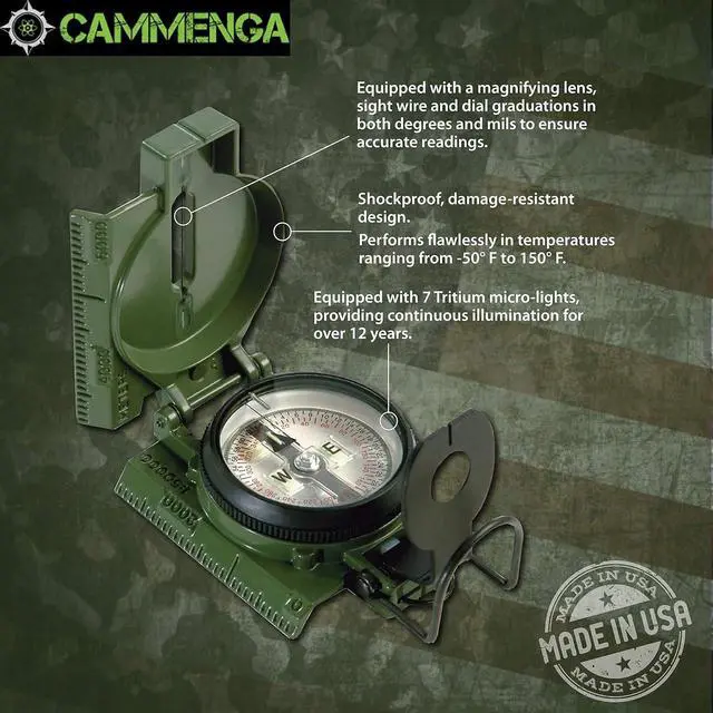 Alt view image 3 of 7 - Compass Military Grade Phosphorescent - Lensatic Compass Shock, Sand, and Waterproof, Tactical, Navigation - Made in The USA