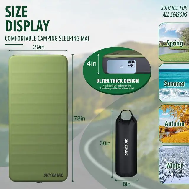Alt view image 3 of 6 - 4" Thick Self Inflating Sleeping Pad with 13R Memory Foam, 78" x 29" Camping Mattress with Pump Sack, Portable Roll Up Bed, Inflatable Outdoor Mat for Rooftop Tent Car Truck Van, 4 Season