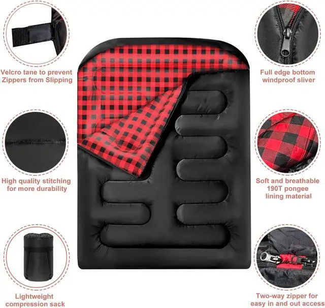 Alt view image 2 of 7 - Double Sleeping Bags for Adults, Queen Size 2 Person All Season for Warm & Cold Weather | Fits Kids 10-12 (Girls & Boys) - Lightweight & Waterproof Camping Essentials for Hiking, Backpacking