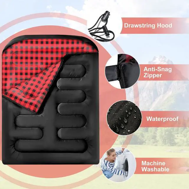 Alt view image 3 of 7 - Double Sleeping Bags for Adults, Queen Size 2 Person All Season for Warm & Cold Weather | Fits Kids 10-12 (Girls & Boys) - Lightweight & Waterproof Camping Essentials for Hiking, Backpacking