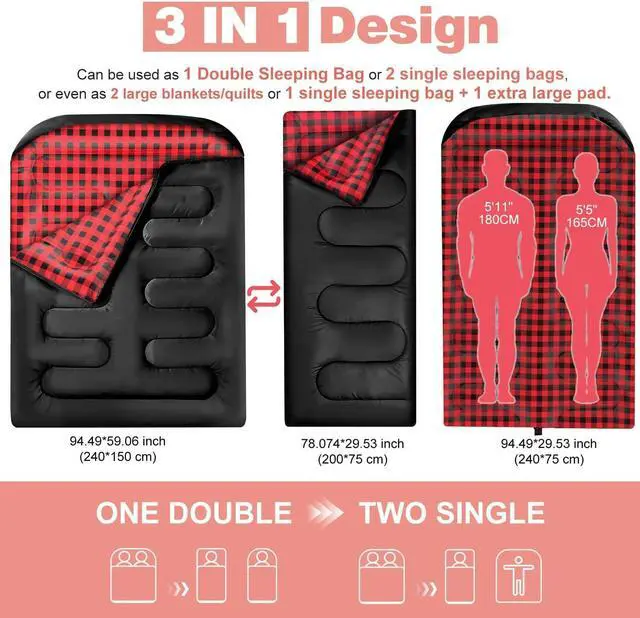 Alt view image 4 of 7 - Double Sleeping Bags for Adults, Queen Size 2 Person All Season for Warm & Cold Weather | Fits Kids 10-12 (Girls & Boys) - Lightweight & Waterproof Camping Essentials for Hiking, Backpacking