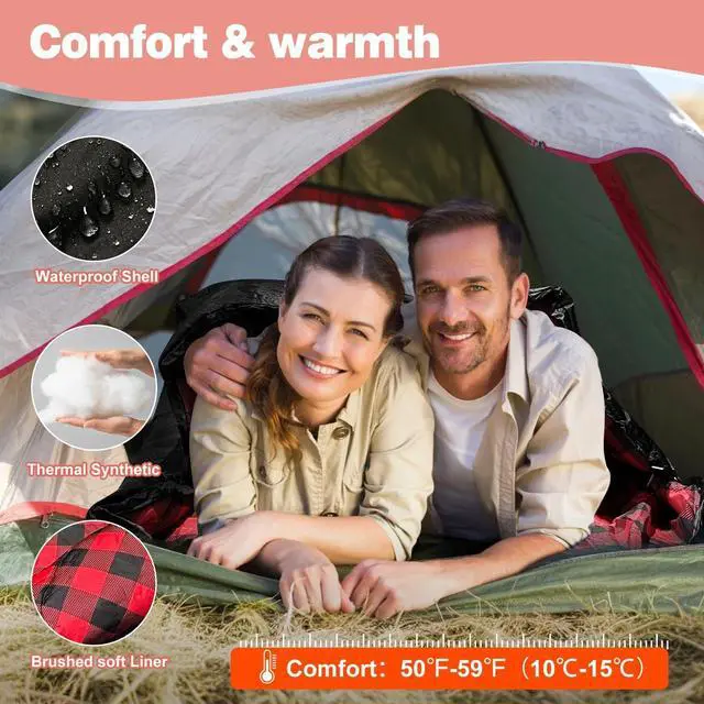 Alt view image 6 of 7 - Double Sleeping Bags for Adults, Queen Size 2 Person All Season for Warm & Cold Weather | Fits Kids 10-12 (Girls & Boys) - Lightweight & Waterproof Camping Essentials for Hiking, Backpacking