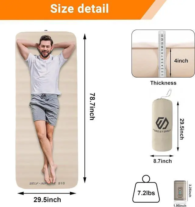 Alt view image 3 of 7 - Self Inflating Sleeping Pad, 4" Extra Thick Memory Foam Camping Pad, 60S Fast Air Self-Inflating Camping Mattress Pads, 4 Season Sleeping Mat for Camping Rooftop Tent Car Truck Van