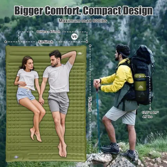 Alt view image 3 of 7 - Double Sleeping Pad, Self Inflating 4.7'' Extra Thick for 2 Person Built-in Pump, Portable Camping Mattress Sleeping Mat for Backpacking Hiking Tent Travel