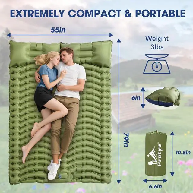 Alt view image 4 of 6 - Double Sleeping Pad for Camping - Ultralight Camping Mattress with Pillow, Built-in Foot Pump, Compact Inflatable 2-Person Portable Mat for Backpacking, Hiking, Car Traveling, Beach, Tent