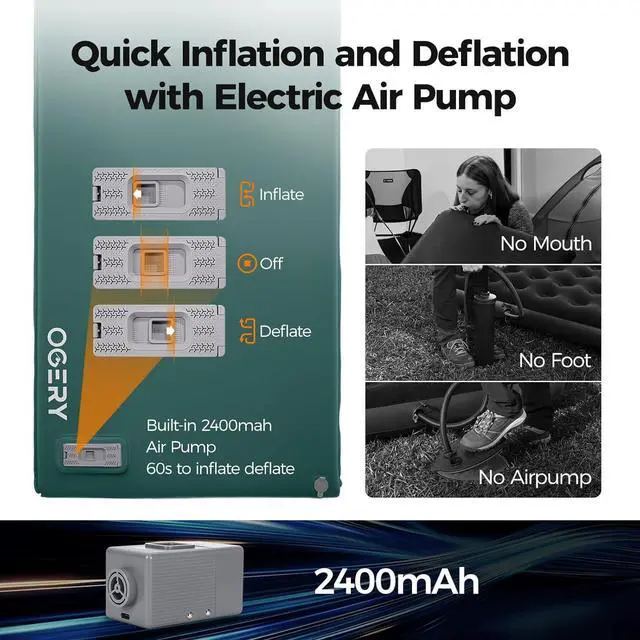 Alt view image 3 of 7 - Self Inflating Sleeping Pad with Electric Pump, 3.15" Ultra-Thick Memory Foam Camping Pad, 4 Season Camping Mattress Pad with Built-in Pillow, Camping Essentials Gear for Tent Travel Car