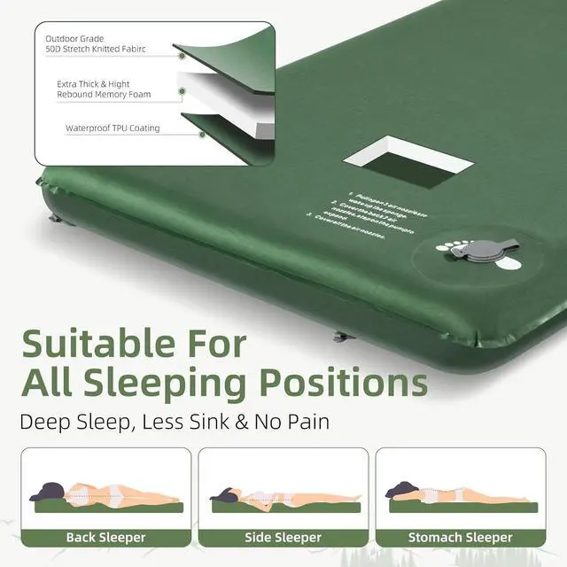 Alt view image 2 of 6 - Memory Sleeping Pad, 3.1" Ultra-Thick Foam Sleeping Mats for Camping, Easy Inflate&Deflate,9.5 R-Value Insulated Camping Mattress Pad with Pillow, for Car Travel Tent