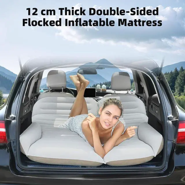 Alt view image 2 of 7 - SUV Air Mattress Double Sided Thickened Flocking Car Bed  Portable Inflatable Mattress Pad for Camping & Travel with 2 Pillows & Electric Pump (Off-White and Coffee)