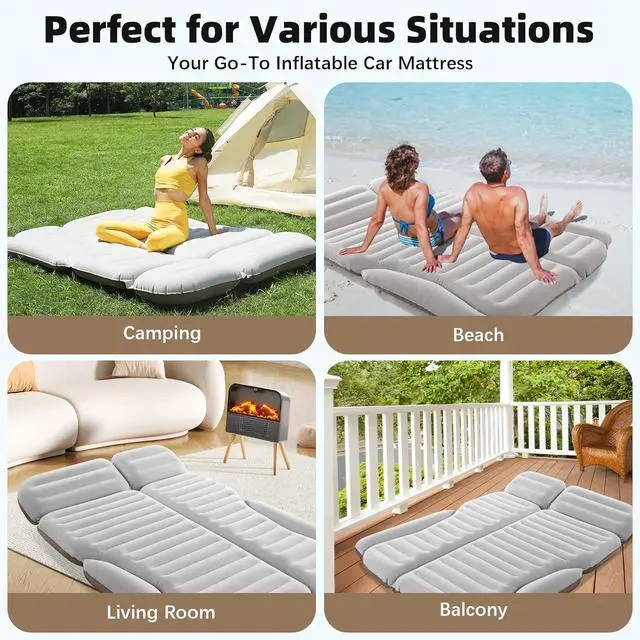 Alt view image 3 of 7 - SUV Air Mattress Double Sided Thickened Flocking Car Bed  Portable Inflatable Mattress Pad for Camping & Travel with 2 Pillows & Electric Pump (Off-White and Coffee)