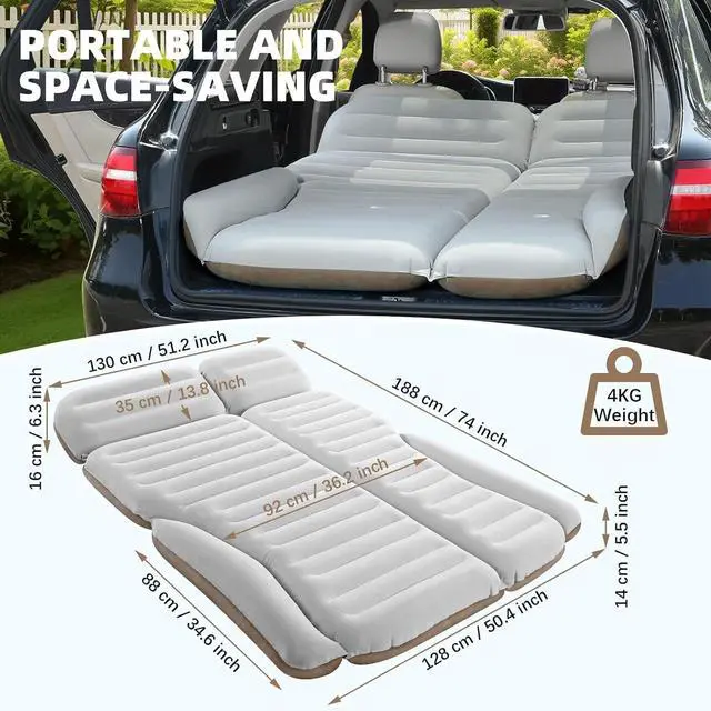 Alt view image 7 of 7 - SUV Air Mattress Double Sided Thickened Flocking Car Bed  Portable Inflatable Mattress Pad for Camping & Travel with 2 Pillows & Electric Pump (Off-White and Coffee)