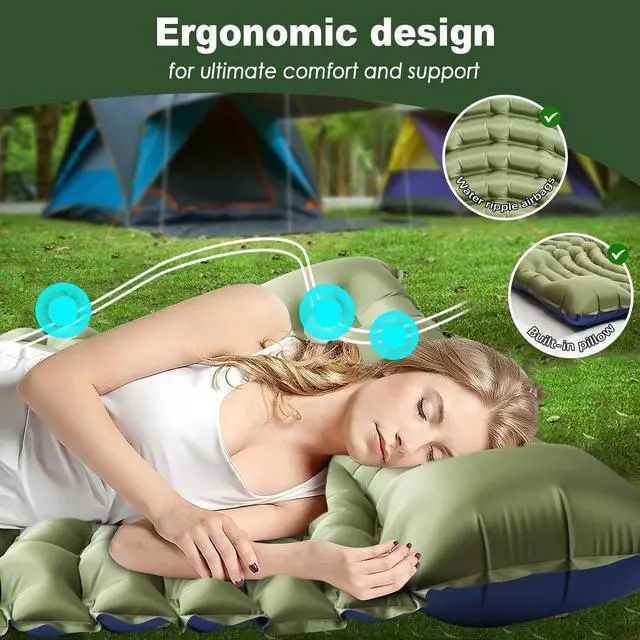 Alt view image 2 of 6 - Double Sleeping Pad for Camping - Ultralight Camping Mattress with Pillow, Built-in Foot Pump, Compact Inflatable 2-Person Portable Mat for Backpacking, Hiking, Car Traveling, Beach, Tent