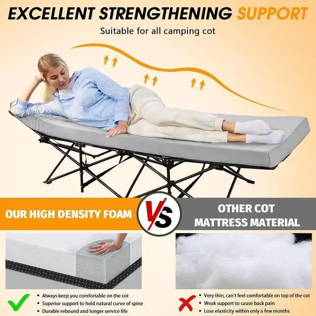 Alt view image 2 of 7 - Camping Cot Mattress 2in Memory Foam Sleeping Pad,Soft Warm Non-Slip Camping Mattress Topper with Retaining for Adults,Portable Roll up Pad for Travel(75 x30)only Mattress