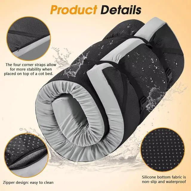 Alt view image 4 of 7 - Camping Cot Mattress 2in Memory Foam Sleeping Pad,Soft Warm Non-Slip Camping Mattress Topper with Retaining for Adults,Portable Roll up Pad for Travel(75 x30)only Mattress