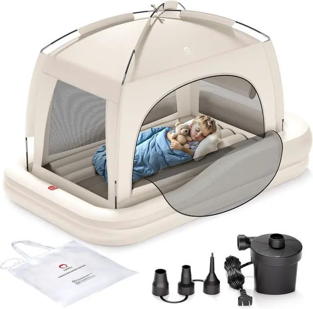 Main image of Inflatable Toddler Travel Bed with Tent, Baby Crib Tent, Portable Kids Air Mattress with Safety Bumpers, Ideal for Home, Grandma's, Camping, Traveling -Includes Fast Electric Pump