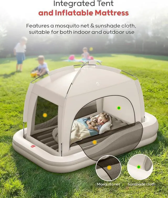 Alt view image 2 of 7 - Inflatable Toddler Travel Bed with Tent, Baby Crib Tent, Portable Kids Air Mattress with Safety Bumpers, Ideal for Home, Grandma's, Camping, Traveling -Includes Fast Electric Pump