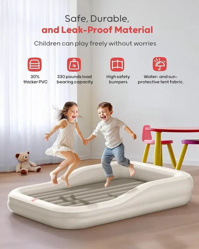 Alt view image 3 of 7 - Inflatable Toddler Travel Bed with Tent, Baby Crib Tent, Portable Kids Air Mattress with Safety Bumpers, Ideal for Home, Grandma's, Camping, Traveling -Includes Fast Electric Pump