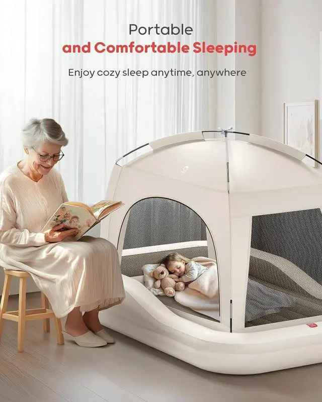Alt view image 4 of 7 - Inflatable Toddler Travel Bed with Tent, Baby Crib Tent, Portable Kids Air Mattress with Safety Bumpers, Ideal for Home, Grandma's, Camping, Traveling -Includes Fast Electric Pump