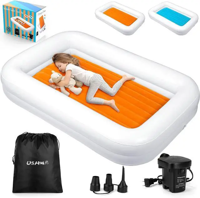 Main image of Toddler Travel Bed [4-Side] | Reversible 2 Colors Kids Air Mattress | Inflatable Toddler Bed | Portable Kids Blow Up Travel Bed with Sides, Orange & Aquamarine