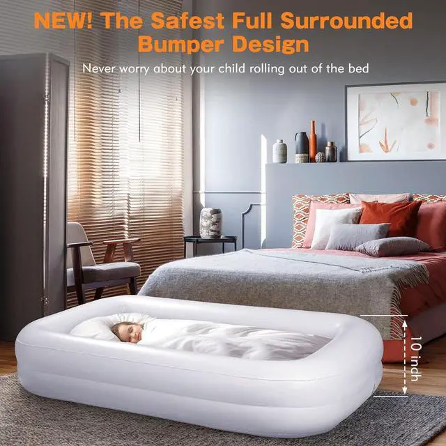 Alt view image 2 of 6 - Toddler Travel Bed [4-Side] | Reversible 2 Colors Kids Air Mattress | Inflatable Toddler Bed | Portable Kids Blow Up Travel Bed with Sides, Orange & Aquamarine