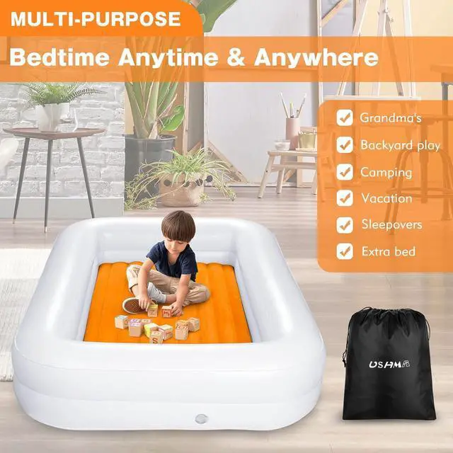Alt view image 4 of 6 - Toddler Travel Bed [4-Side] | Reversible 2 Colors Kids Air Mattress | Inflatable Toddler Bed | Portable Kids Blow Up Travel Bed with Sides, Orange & Aquamarine