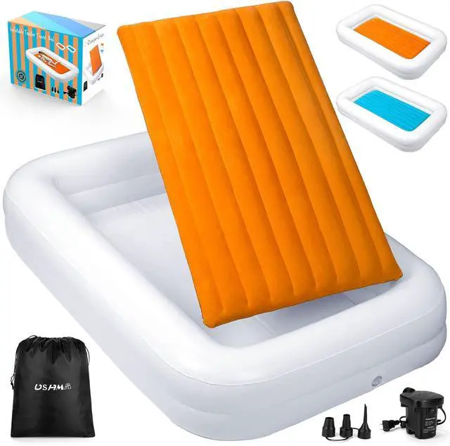 Alt view image 6 of 6 - Toddler Travel Bed [4-Side] | Reversible 2 Colors Kids Air Mattress | Inflatable Toddler Bed | Portable Kids Blow Up Travel Bed with Sides, Orange & Aquamarine