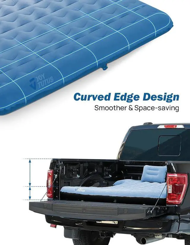 Alt view image 2 of 7 - Upgraded Light Version Truck Bed Air Mattress for Camping, Thicken Inflatable Mattress for 6.4-6.7Ft Full Size Regular Bed,with Built-in Cup Holder&2 Inflatable Pillow,Grey Blue